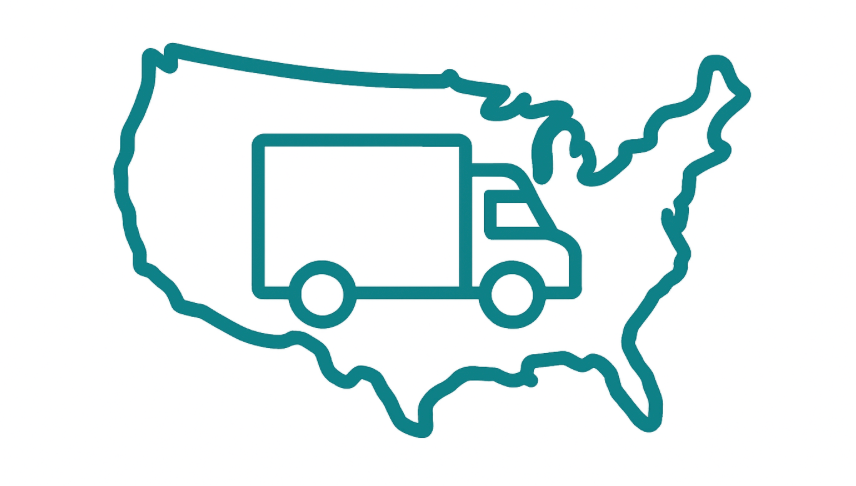Delivery truck crossing U.S. map for nationwide medical equipment delivery.